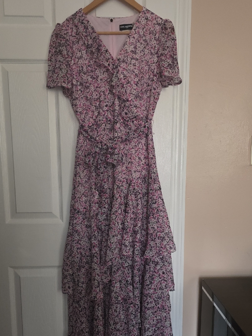 Karl Lagerfeld Pink & Black Floral Ruffle Maxi Dress